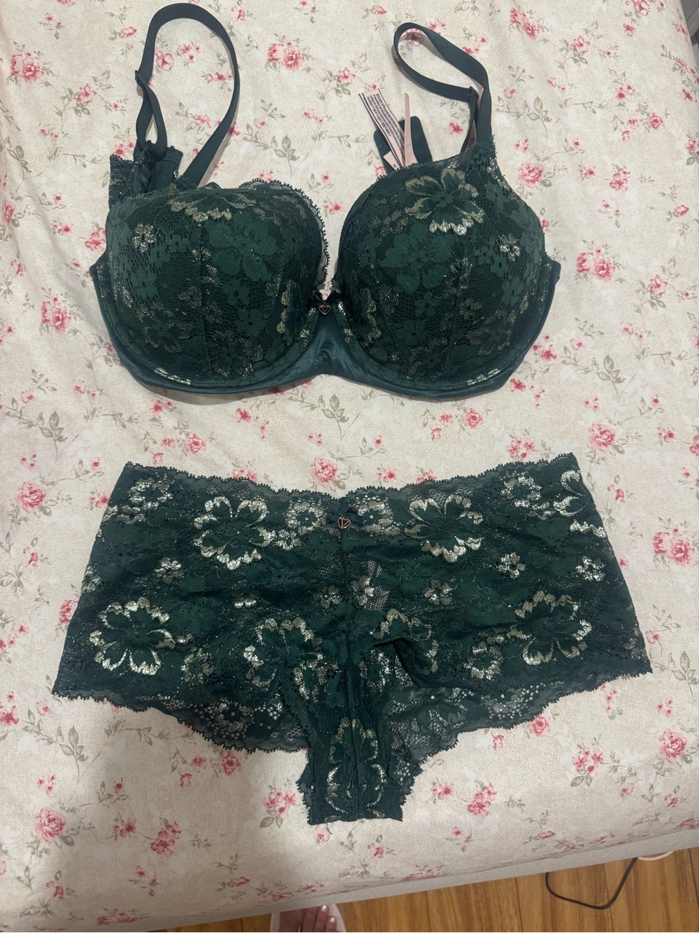 Victoria Secret dream angels demi Bra and panty set Green Lace Floral Gold foil